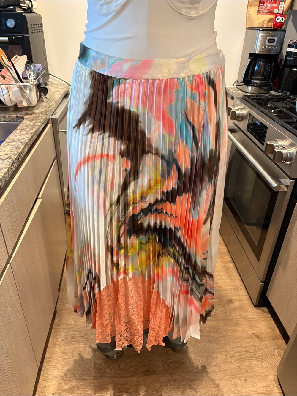 Pleated Multicolor Maxi Skirt with Coral Lace Hem